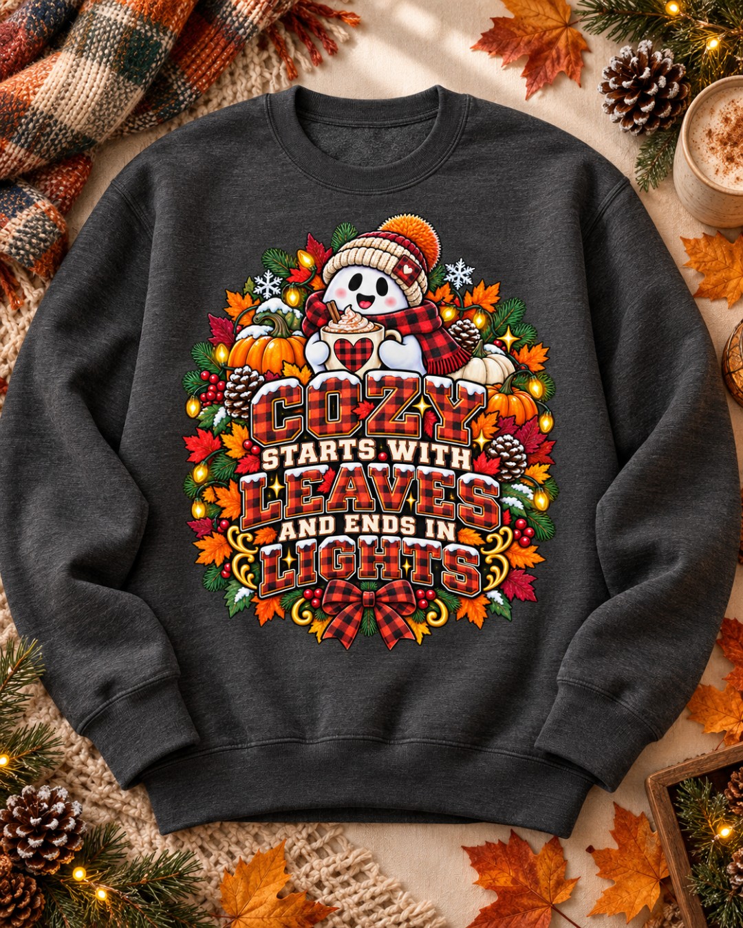 Cozy Starts With Leaves and Ends in Lights shirt mockup