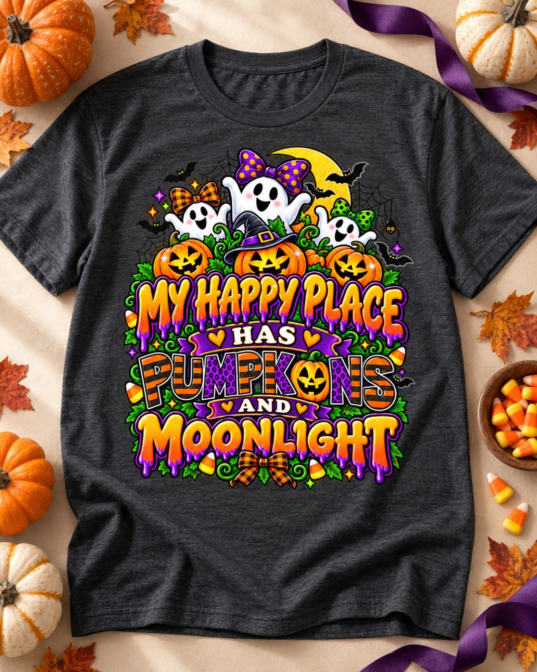 My Happy Place Has Pumpkins and Moonlight shirt mockup