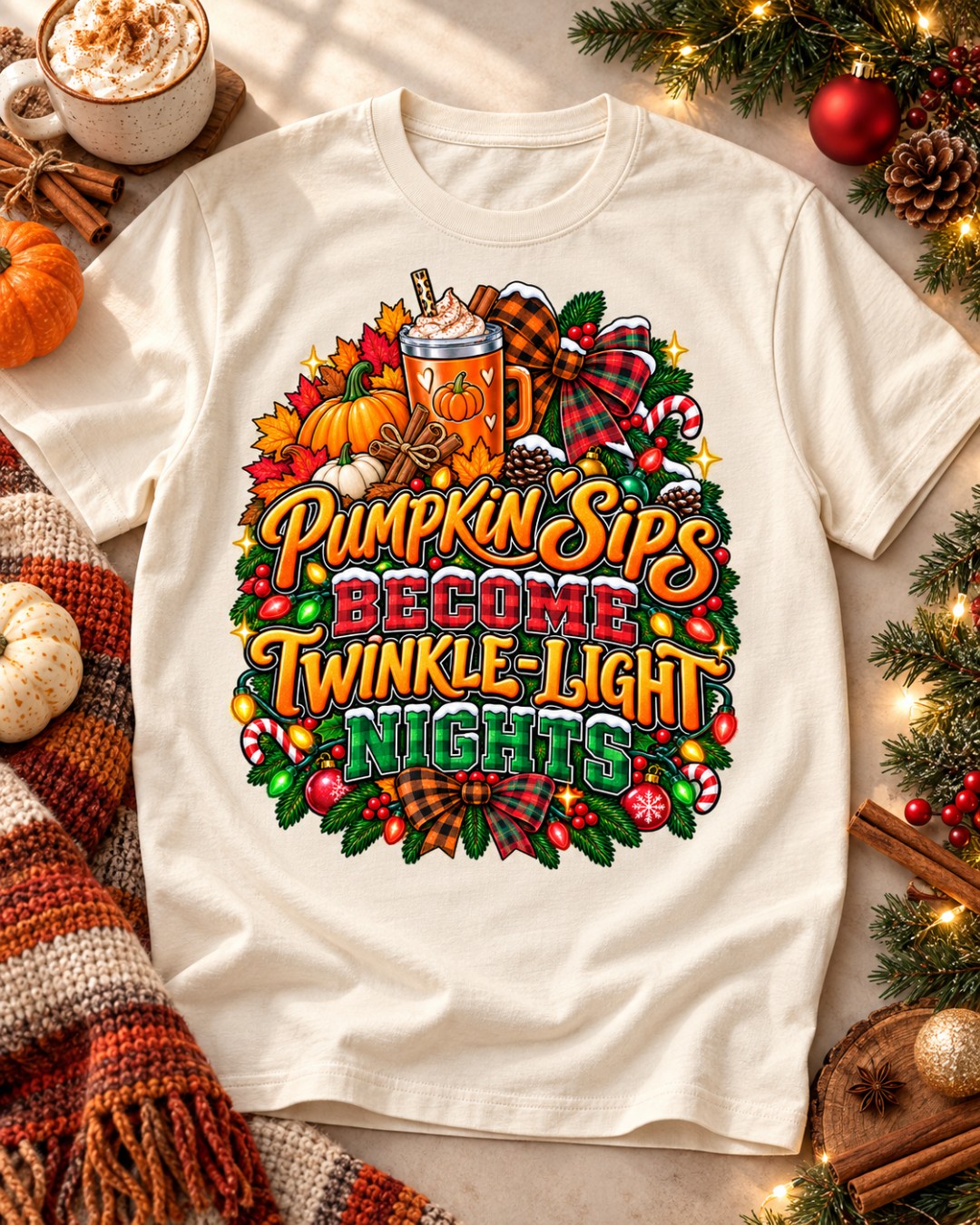 Pumpkin Sips Become Twinkle-Light Nights shirt mockup